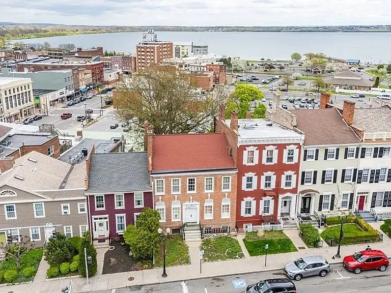 Aerial view over South Main Street, Geneva, toward Seneca Lake