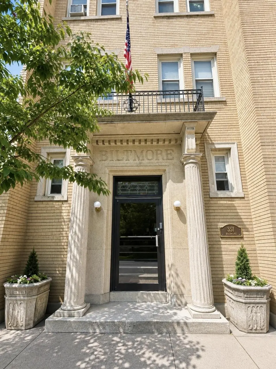 Front entrance of the Biltmore with columns and planters